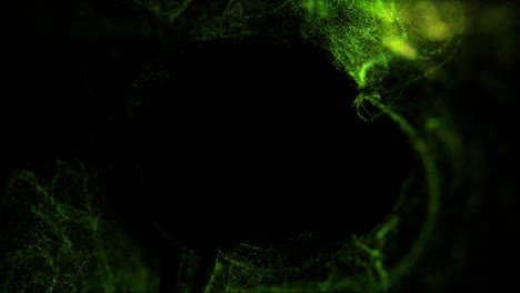 las partículas luminosas de 4k se mueven en el flujo líquido y tropezan con un campo de fuerza en el centro del cuadro que empujan las partículas, lugar para el texto o un logotipo. luma mate como canal alfa. verde 13