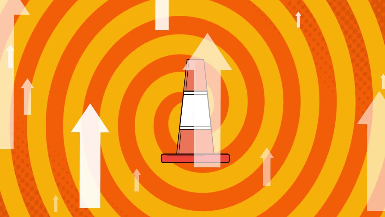 나선형 배경 위에 화살표와 도로 콘의 애니메이션