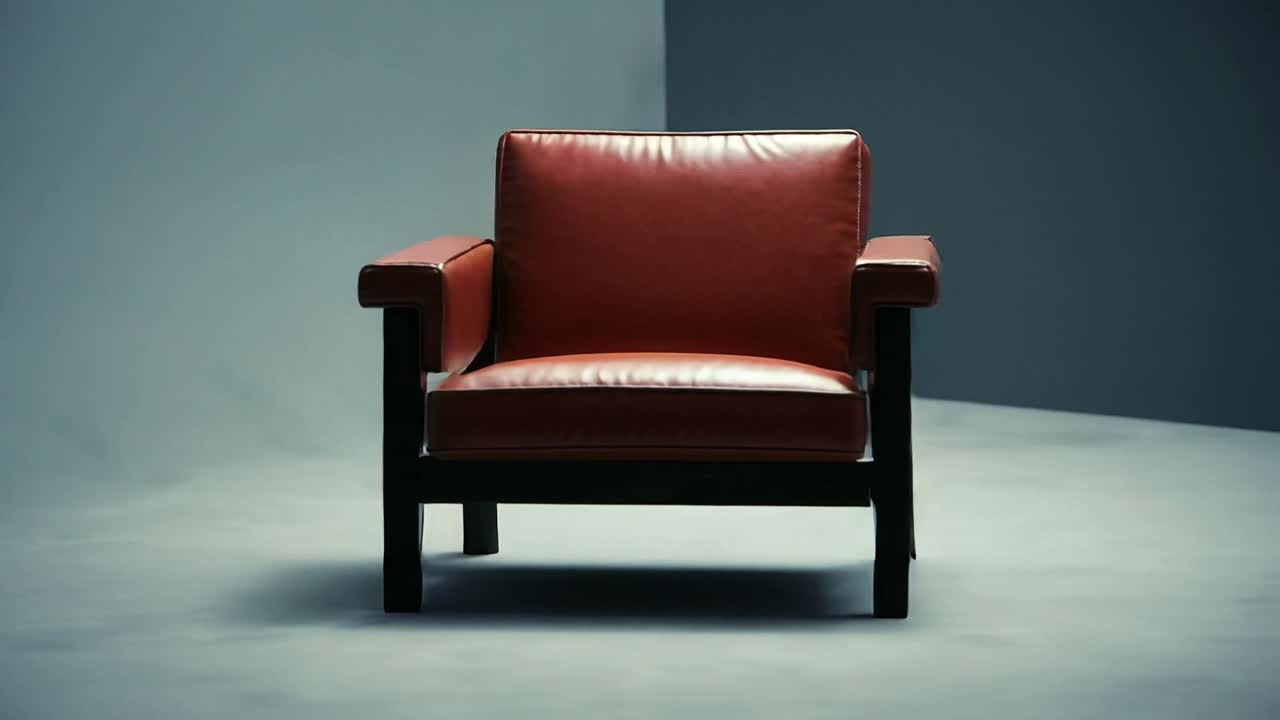 Showcasing 3D lamp rotating, armchair fading and spinning, stool appearing, in grey studio