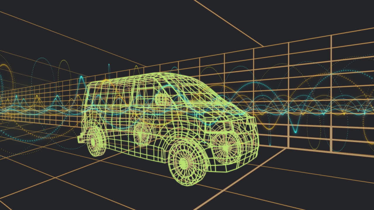Wireframe compact SUV being visualized inside neon grid chamber, with teal and yellow waveform arcs