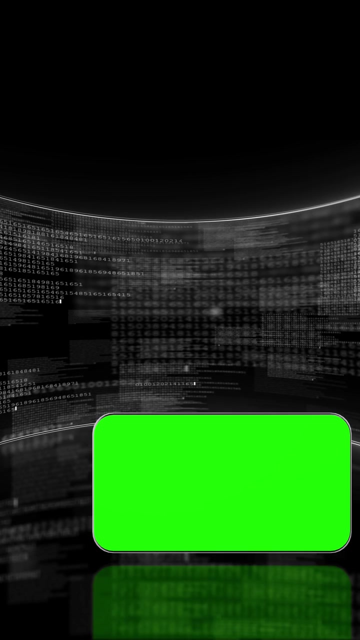 Green screen binary data room with curved code walls glowing white numbers and bright chroma key