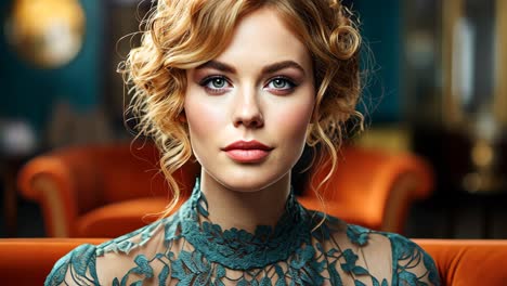 elegant woman in vintage dress poses in a stylish indoor setting