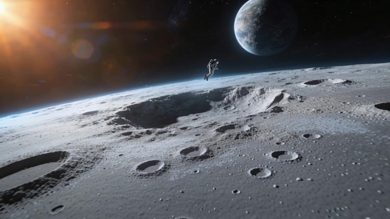 Câmera recuando mostrando astronauta em traje EVA com mochila de suporte de vida flutuando acima de uma cratera lunar, com a Terra e um brilho solar.