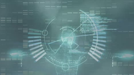 animation of data processing and radar over rotating human body model in green space