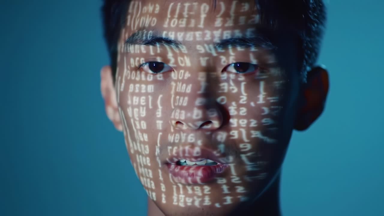 A young individual captivated by digital data, showcasing a unique visual representation of code projected onto their face, highlighting the intersection of technology and human experience