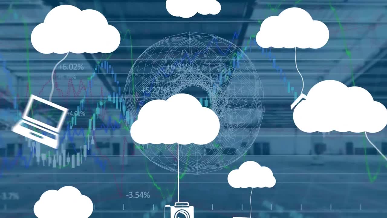 animación de nubes con iconos y procesamiento de datos financieros sobre una oficina vacía