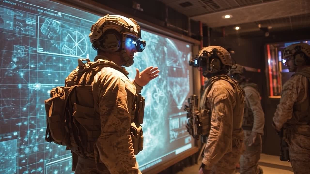 Personale militare interagisce con tecnologia avanzata in un centro di comando