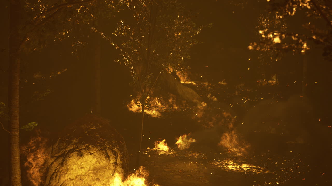 Forest fire consumes vegetation in a dense woodland area during nighttime
