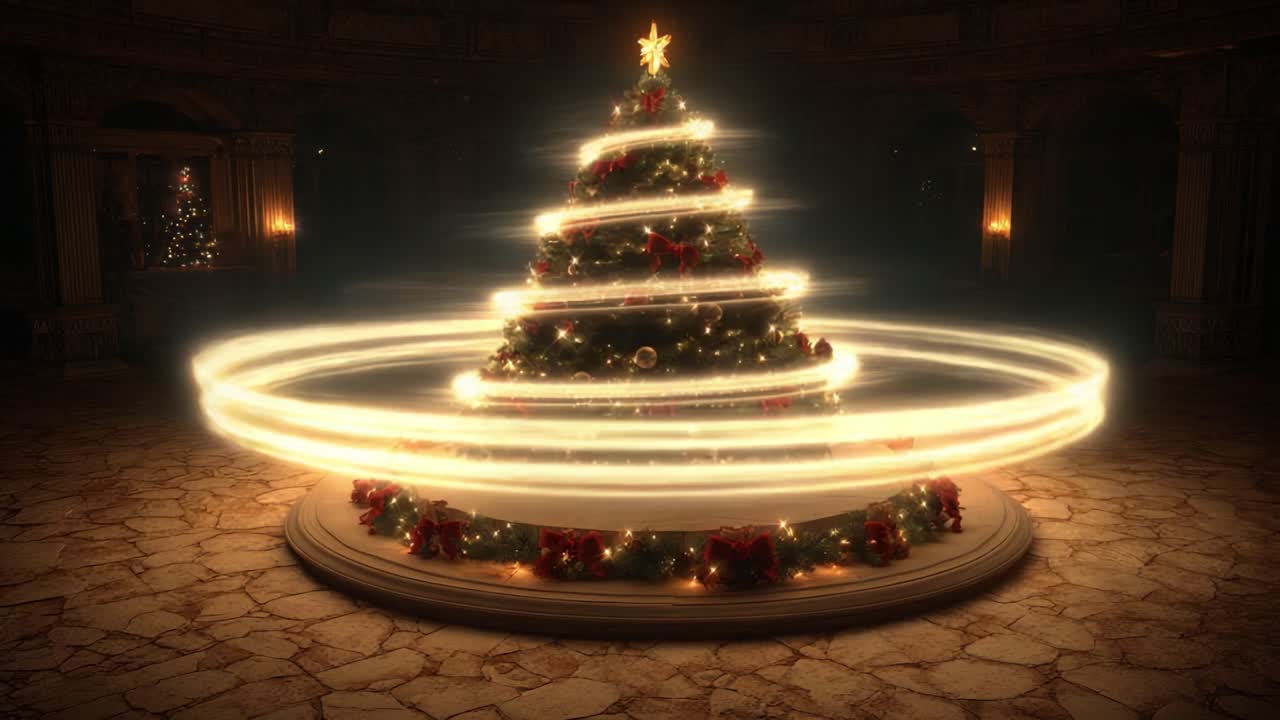 A Captivating Scene of a Rotating Christmas Tree Surrounded by Sparkling Lights and Festive Decorations in a Grand Hall Atmosphere