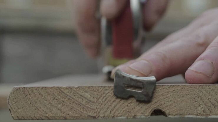 Workman hand using metal tape measure to measure piece of wood
