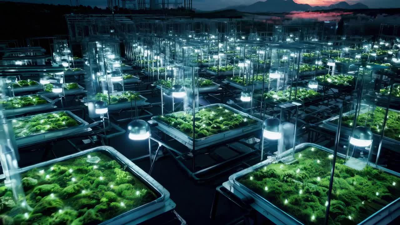 Aerial view of futuristic greenhouse farm at night, illuminated with blue lights
