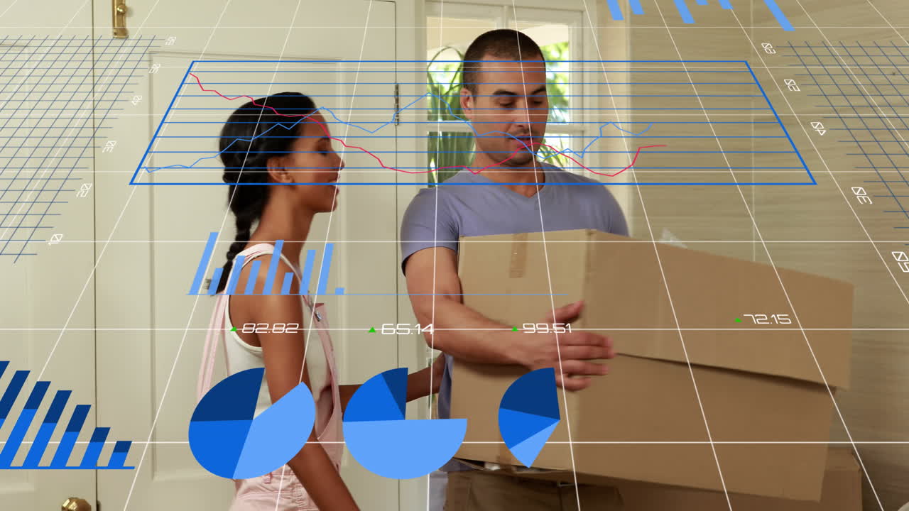 animación del procesamiento de datos financieros en varias casas de mudanzas de parejas.