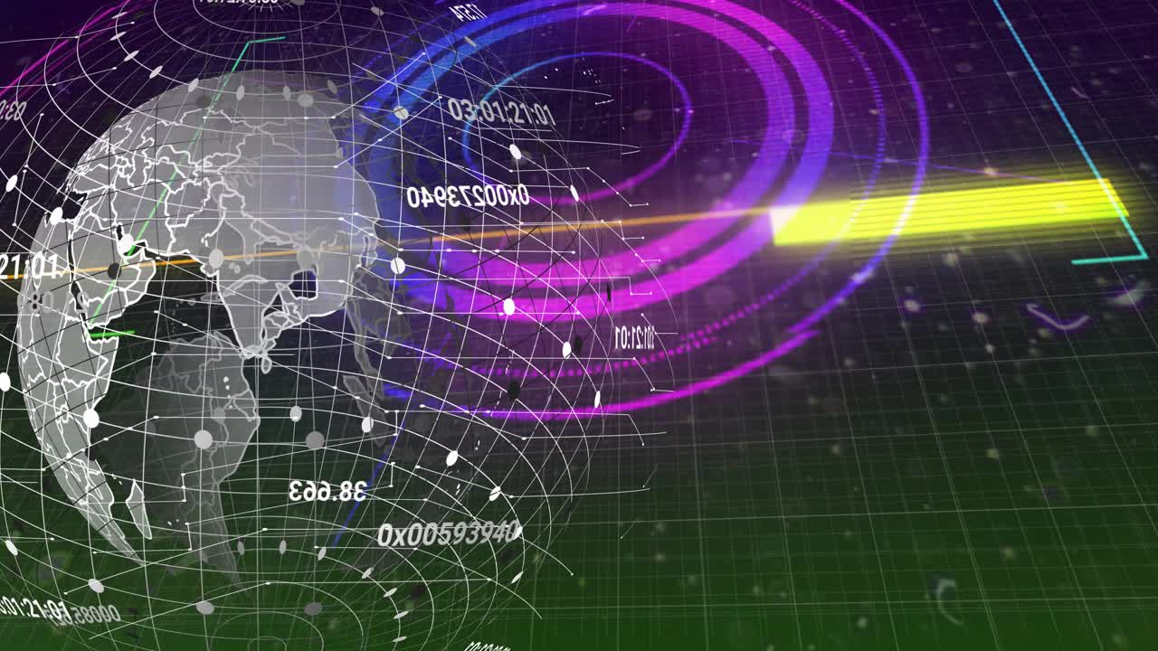 Rings forming beside mesh globe pulsing and recoloring globe rotating nodes updating showing map