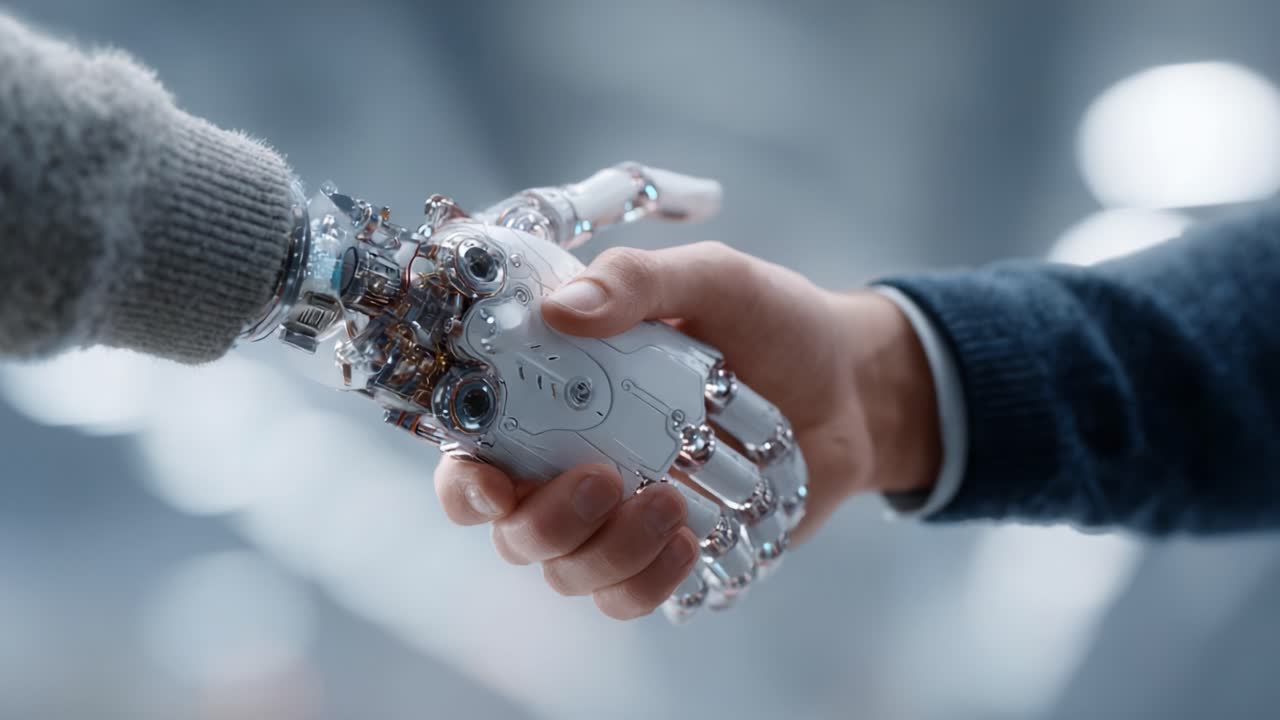 Exploring Human-Robot Interaction: A Fascinating Moment Captured as a Human and a Robot Shake Hands, Symbolizing Cooperation and Future Technology Advancements