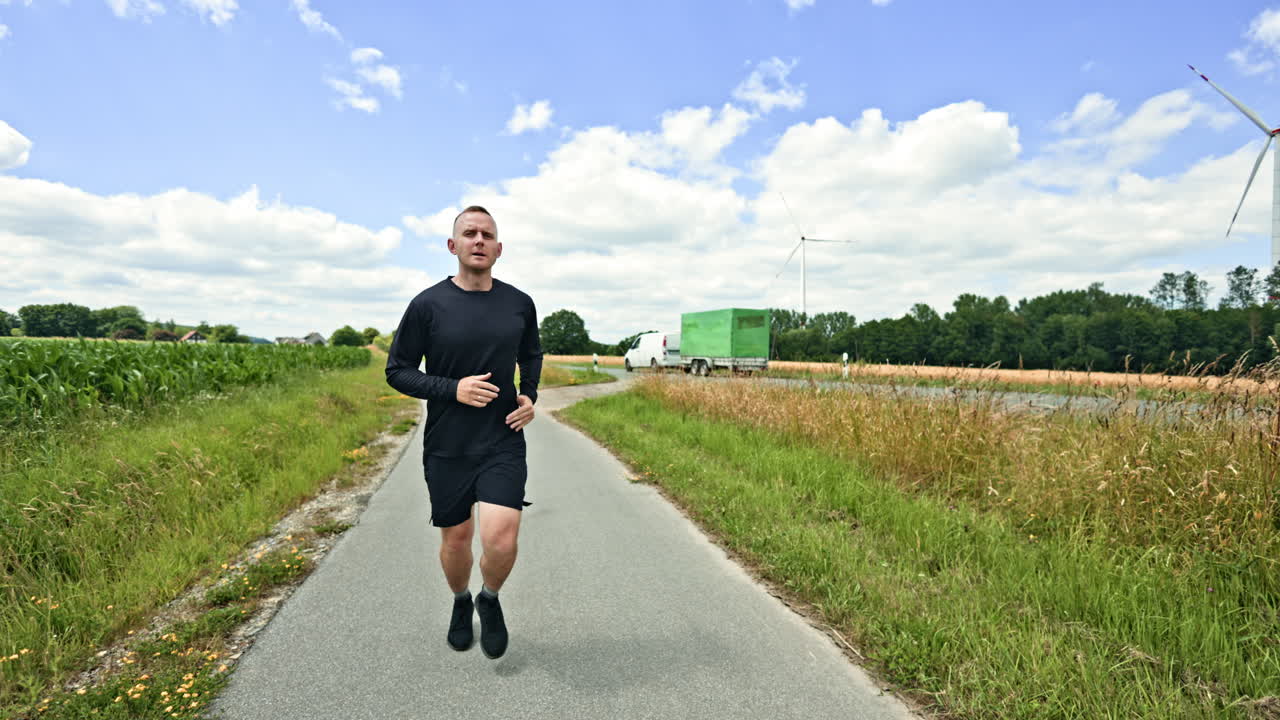 Giovane corridore durante una corsa mattutina. Uomo attivo che corre. Corsa, cardio, esercizio. Uomo che fa jogging con allenamento di resistenza cardiovascolare. Stile di vita sano.