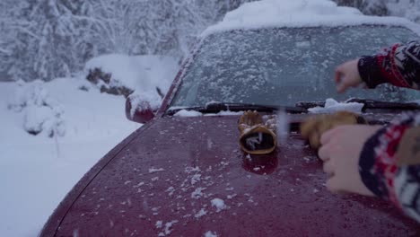 person shakes off snow from gloves and beanie hat on the car hood in winter