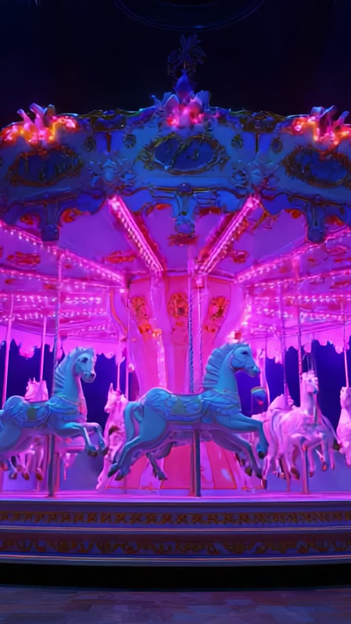Enchanting Carousel Featuring Majestic White Horses Illuminated by Vibrant Pink and Purple Lights, Creating a Whimsical and Dreamlike Atmosphere in a Fantastical Setting