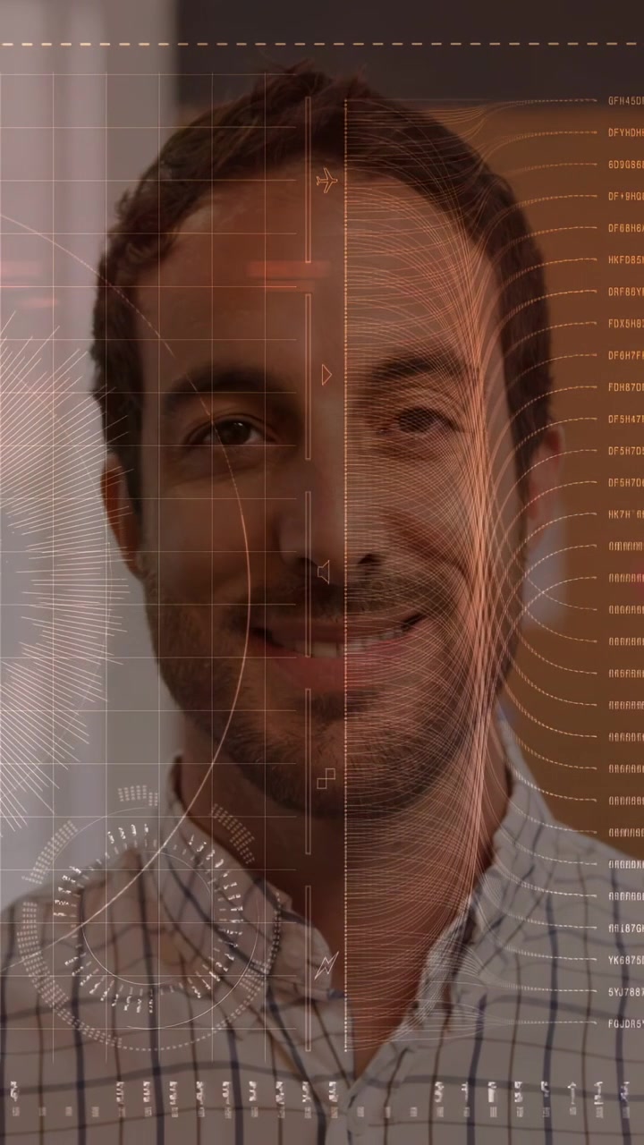 Mid-adult man holding gaze, HUD appearing over him with dial, arc animating, smiling for technology
