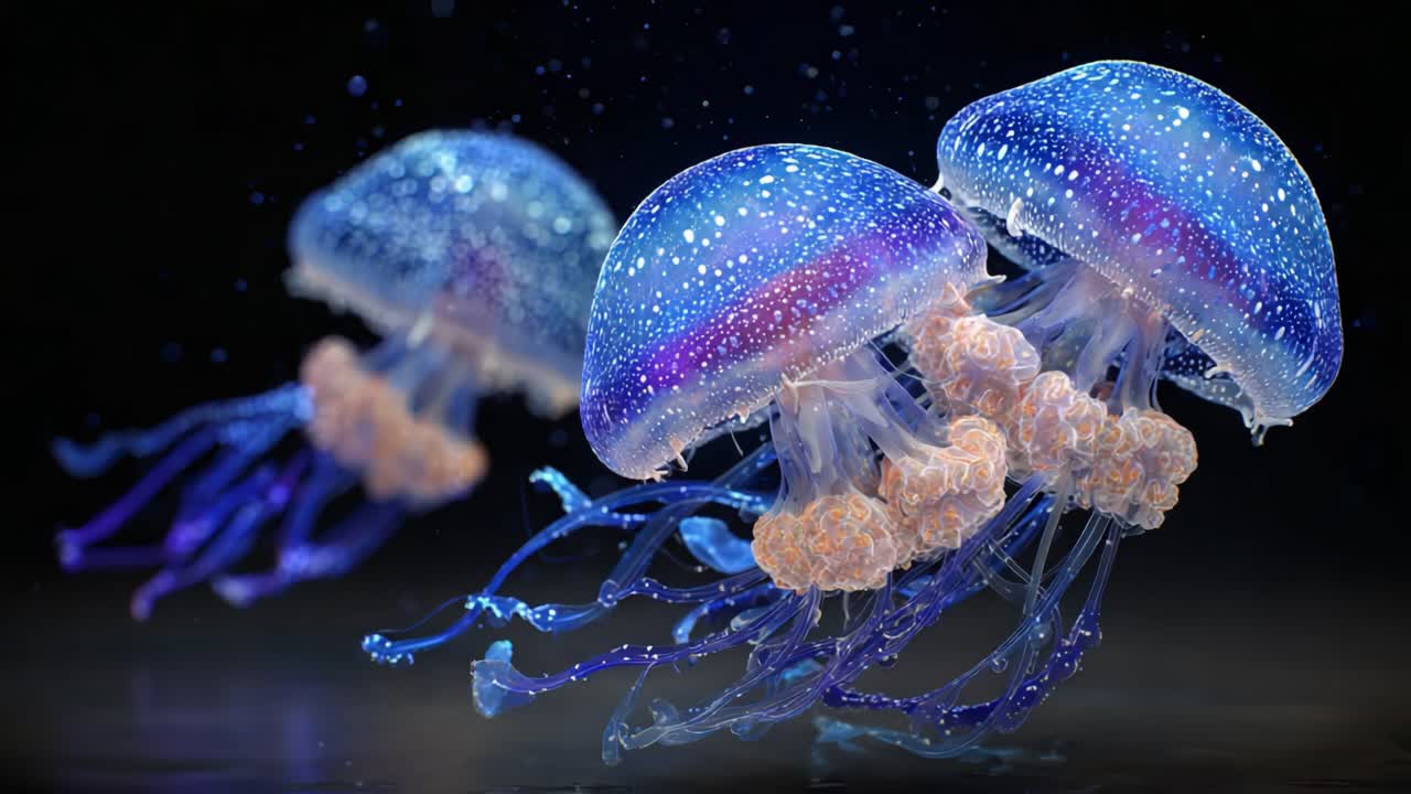 A mesmerizing underwater scene showcasing translucent jellyfish gracefully gliding through the ocean, illuminated by natural light, highlighting their vibrant colors and ethereal beauty