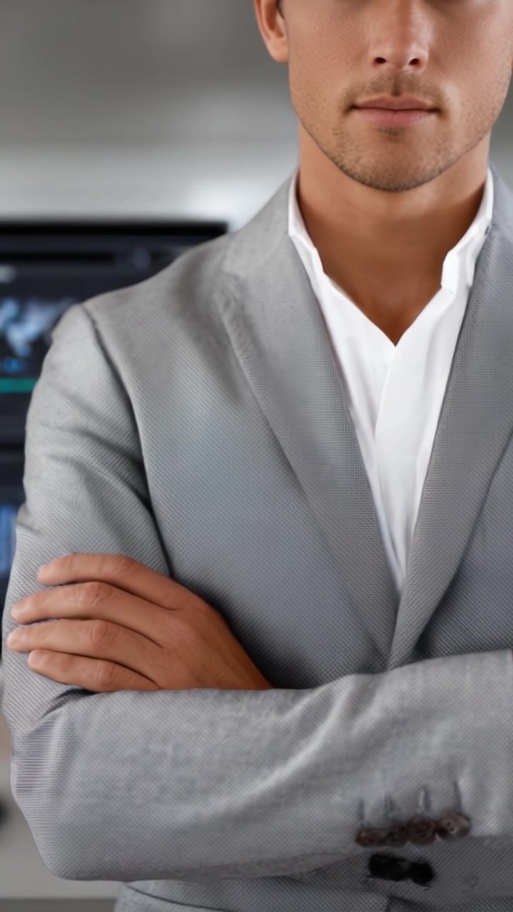 Un Uomo Sicuro di Sé in un Abito Grigio Sartoriale, Che Mostra Raffinatezza e Stile, Con le Braccia Incrociate, Proiettando un Atteggiamento Professionale e Assertivo in un Ambiente Moderno