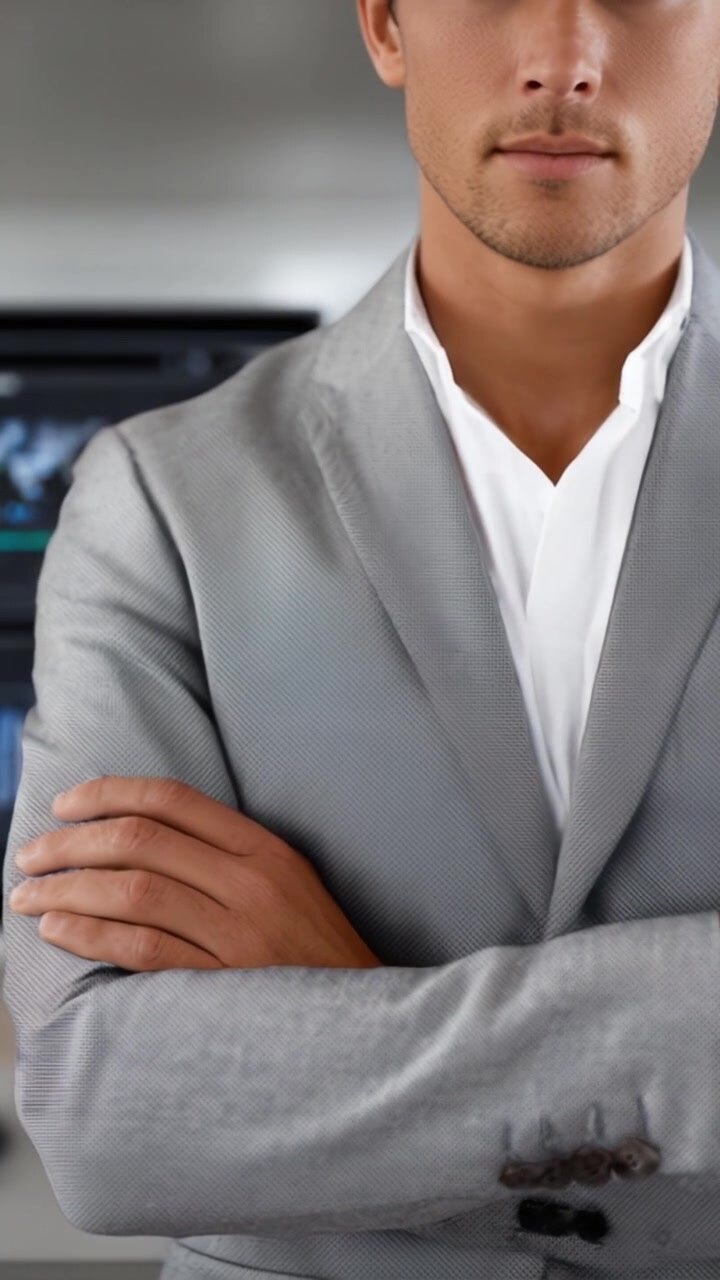 Un Uomo Sicuro di Sé in un Abito Grigio Sartoriale, Che Mostra Raffinatezza e Stile, Con le Braccia Incrociate, Proiettando un Atteggiamento Professionale e Assertivo in un Ambiente Moderno