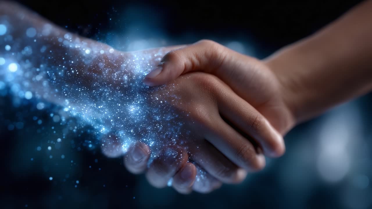 A Powerful Connection: Two Hands Joining Together in a Sparkling Display of Unity, Strength, and Energy Against a Dark Background of Cosmic Wonders