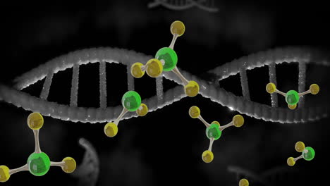 animación de moléculas moviéndose sobre cadenas de adn girando