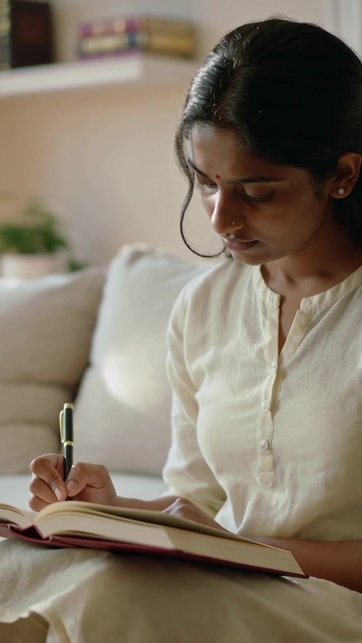 Vertical video: Holding pen poised, Indian woman in kurta writing at home, journaling with notebook