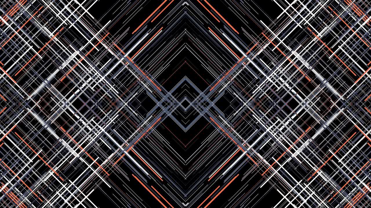 Abstract colorful rhombus frames moving on black background, seamless loop. Animation. Narrow straight beams flowing into different directions