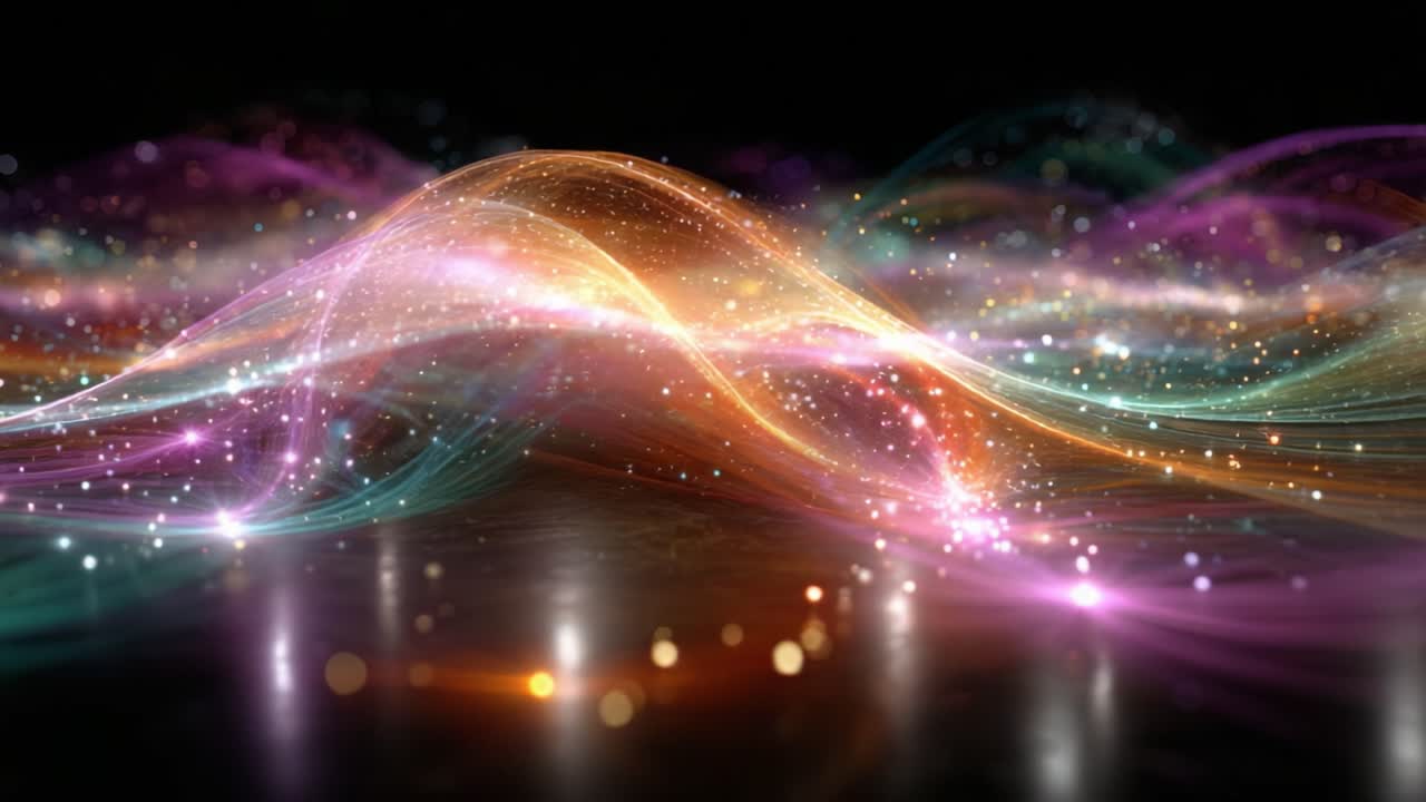 Una danza ipnotica di onde multicolore: una sinfonia visiva astratta di luci e colori che mostra infiniti modelli fluenti in uno spazio buio