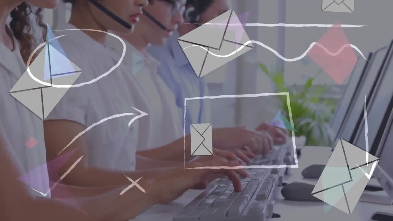 Animazione di forme e icone su persone d'affari che indossano cuffie telefoniche