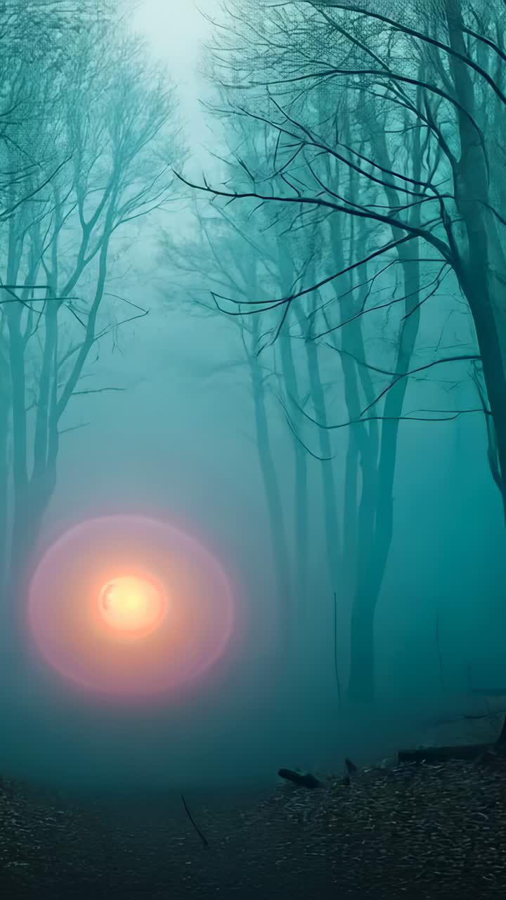 Vertical video: First frame showing glowing orange sphere pulsing, lighting fog around tall trees