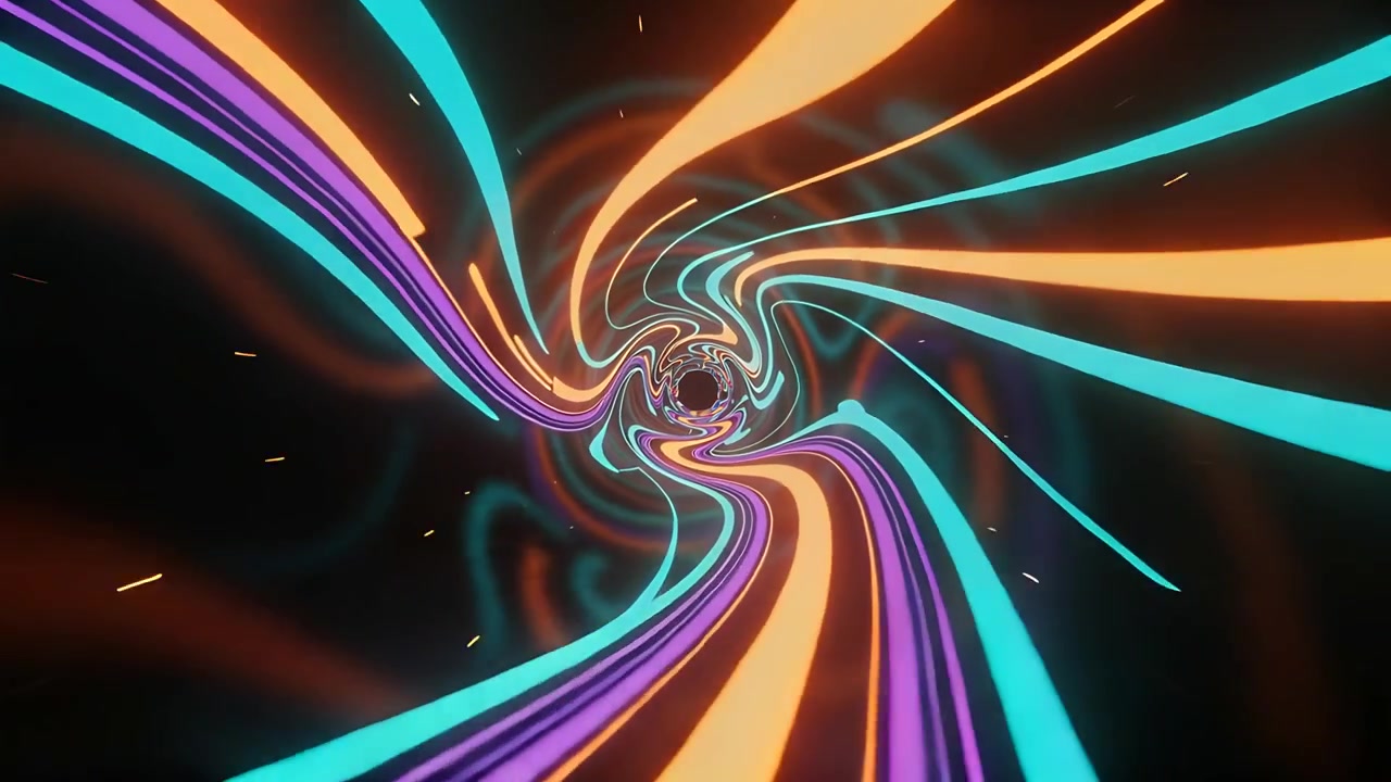 Swirling teal orange purple ribbon tunnel spiraling on play toward dark aperture, sparks drifting