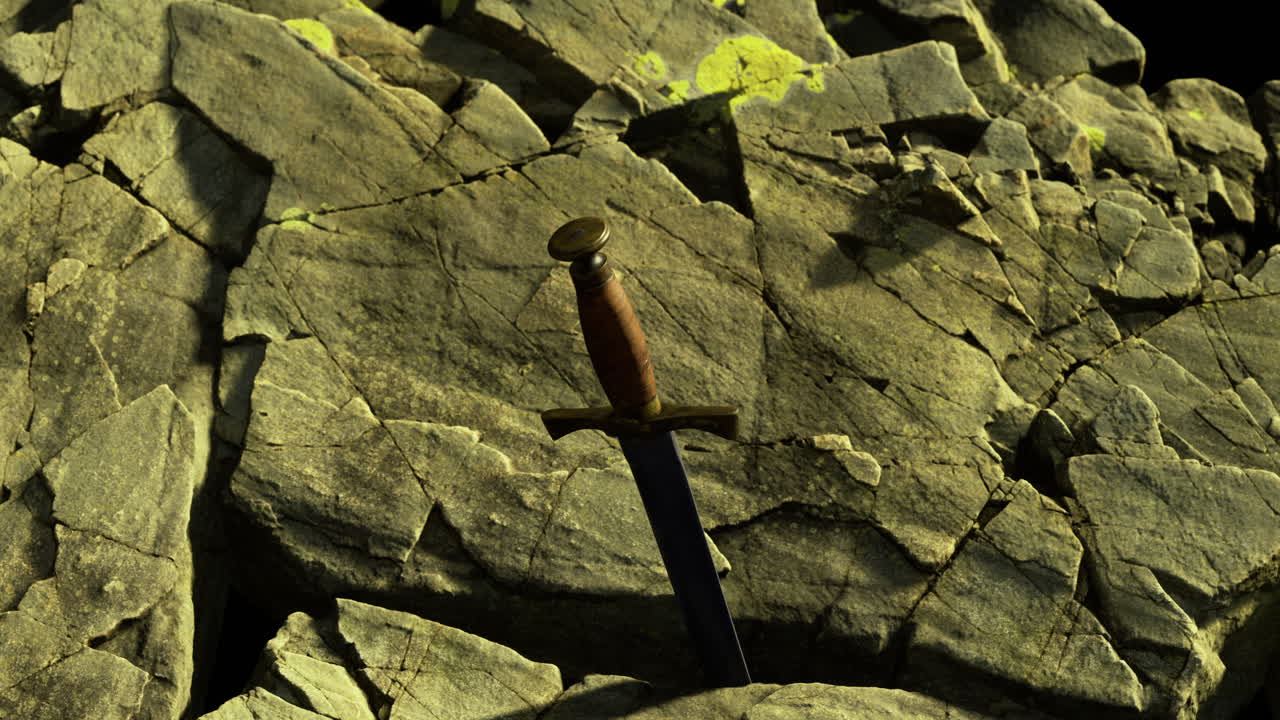 Ancient sword lodged in weathered rocks at dusk telling a timeless tale