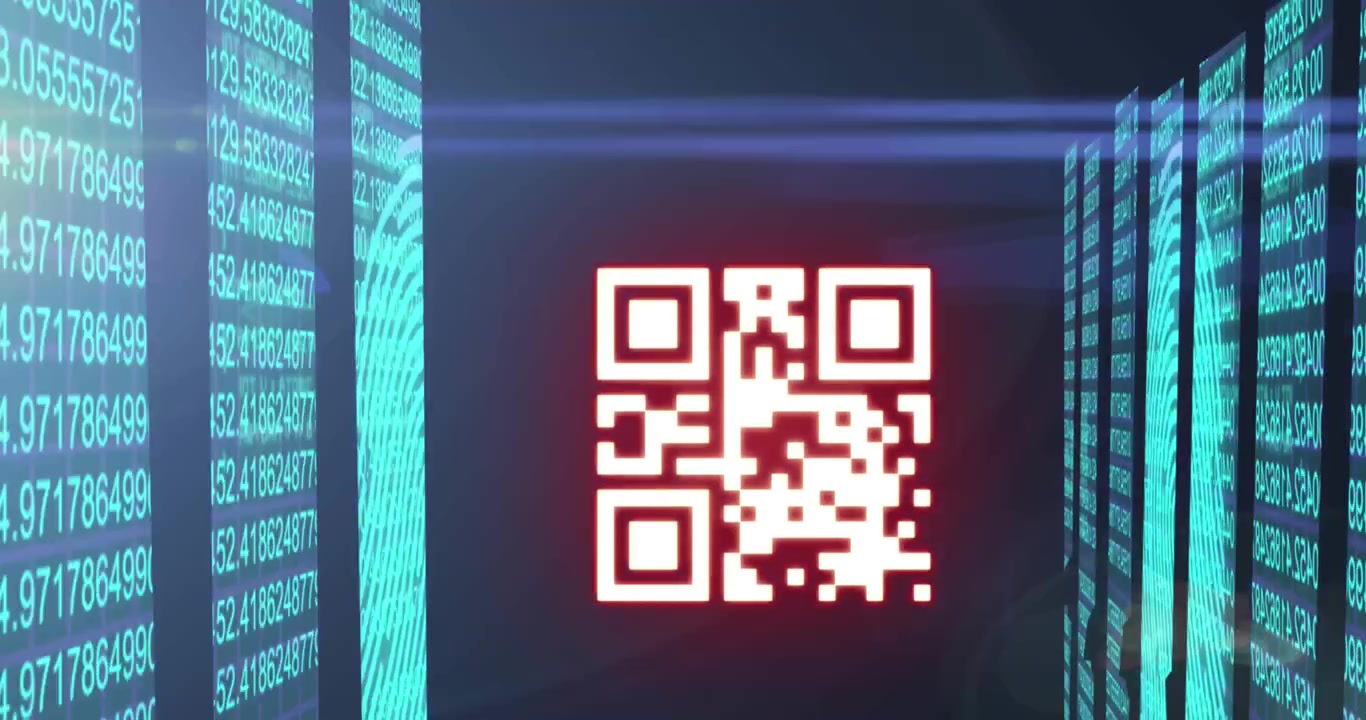 Animation of fingerprints and multiple numbers, lens flare and qr code against black background
