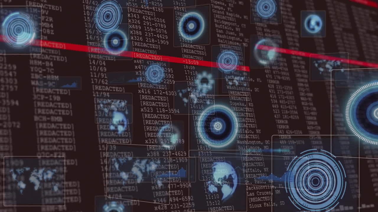 Analyzing digital data, animation of blue circular graphics over redacted text