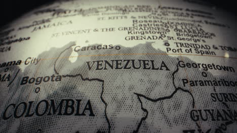 close-up of a world globe, focused on venezuela and surrounding countries