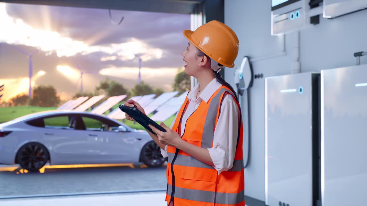 Side View Of Asian Female Engineer With Safety Helmet Taking Note On The Tablet And Looking Around With Home Energy Storage System In a Modern Garage