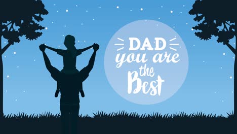 happy fathers day lettering card with dad lifting son silhouettes