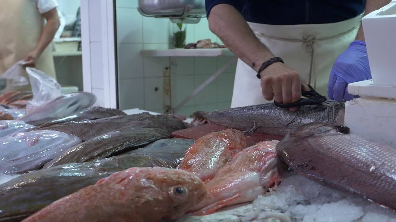 Gros plan d'un poissonnier professionnel utilisant des ciseaux pour nettoyer du poisson méditerranéen frais au marché central traditionnel de Melilla, Espagne. Variété de fruits de mer exposés sur de la glace.