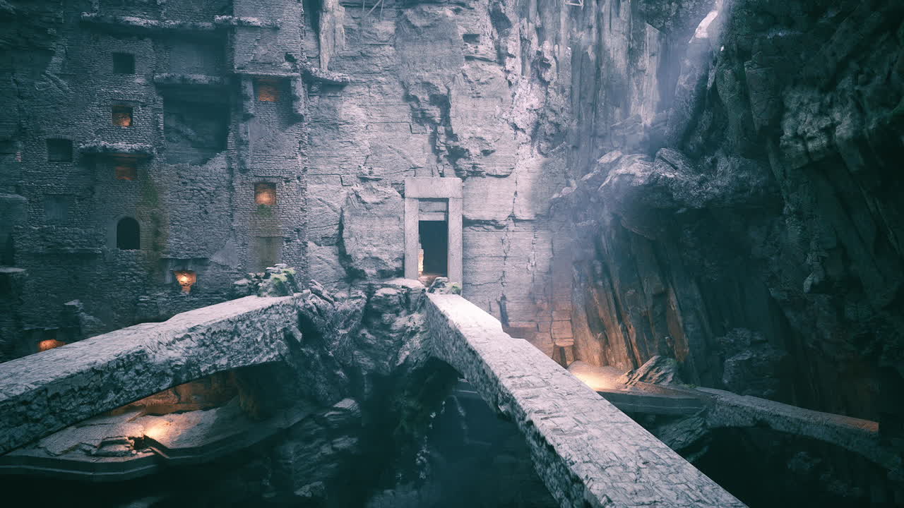 antiguas ruinas en un paisaje cavernoso con puentes de piedra al anochecer