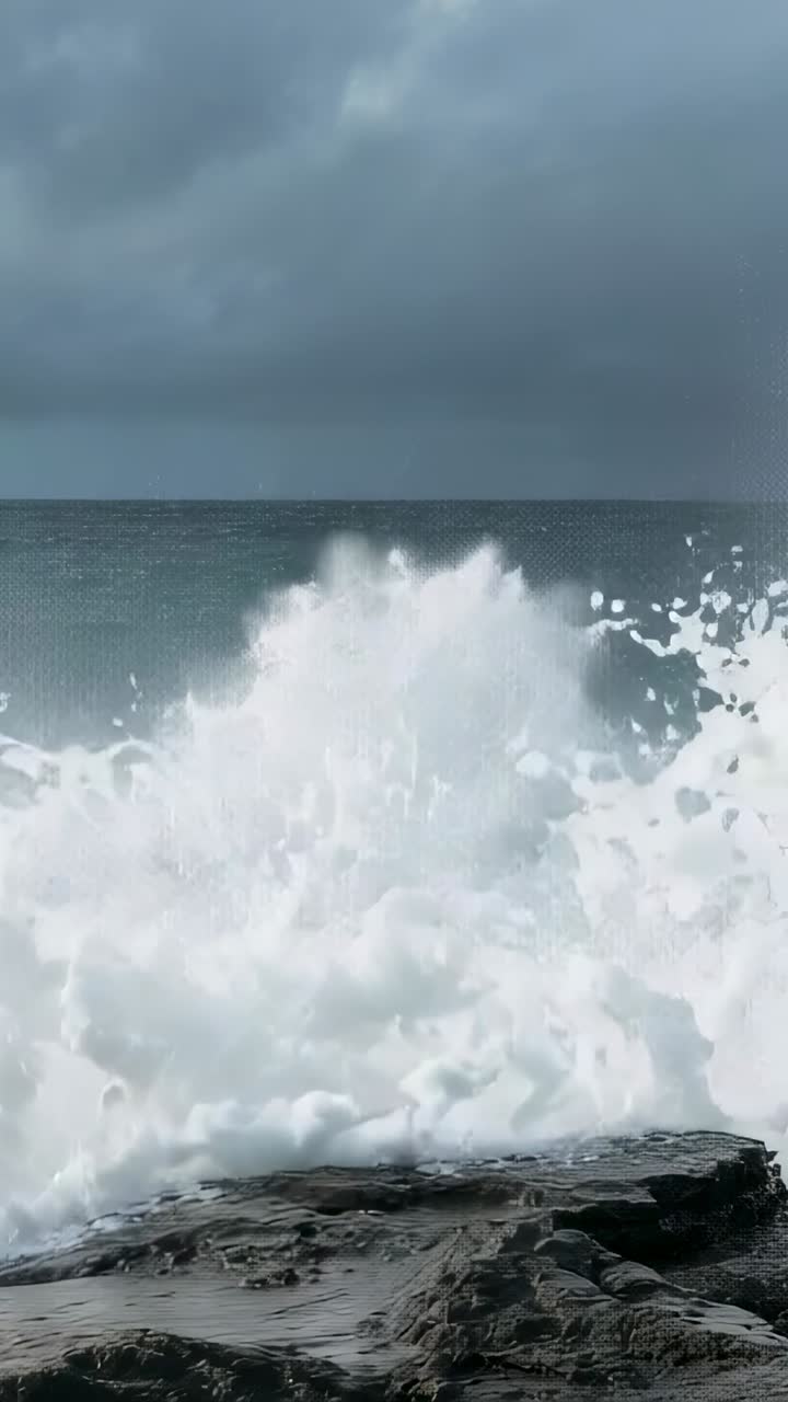 Vertical video: Crashing swell forcing waves onto rock ledges at shore, spraying foam under clouds
