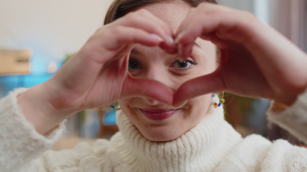 행복한 젊은 여성 소녀는 사랑의 상징을 만 ⁇ 니다. 카메라에 심장 기호를 보여주며  ⁇ 만적인 감정을 표현합니다.