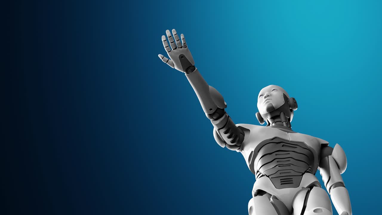 prototipo de cyborg humanoide moviendo el brazo y mostrando la palma de la mano espacio vacío para agregar objeto, concepto de inteligencia artificial de escenario de tarea futurista animación de renderización 3d de bajo ángulo