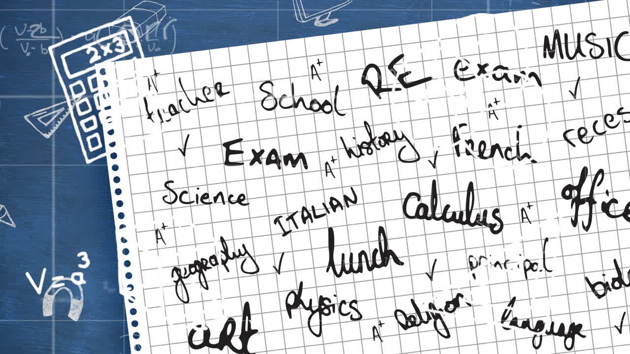 School subjects and activities handwritten on grid paper with animation on blue background