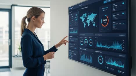 a professional woman analyzes data insights from a digital dashboard, illustrating the importance of technology and analytics in decision-making for modern businesses