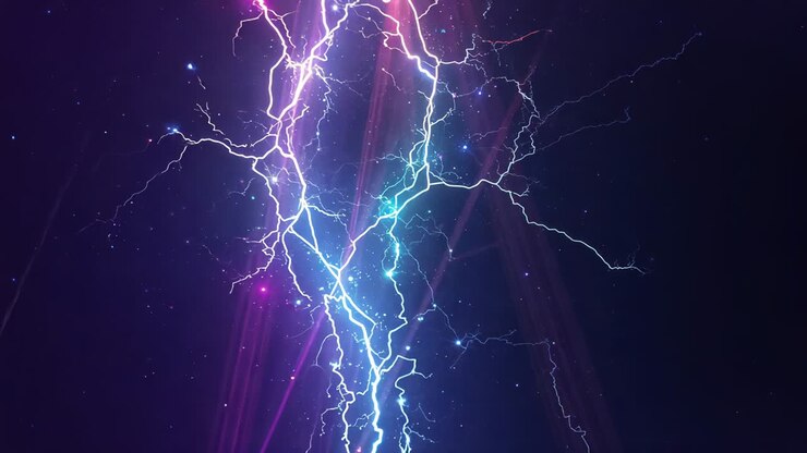 Pulsazioni dopo un picco di energia, scariche magenta ciano che si diramano verso l'alto nel vuoto cosmico, con nodi luminosi
