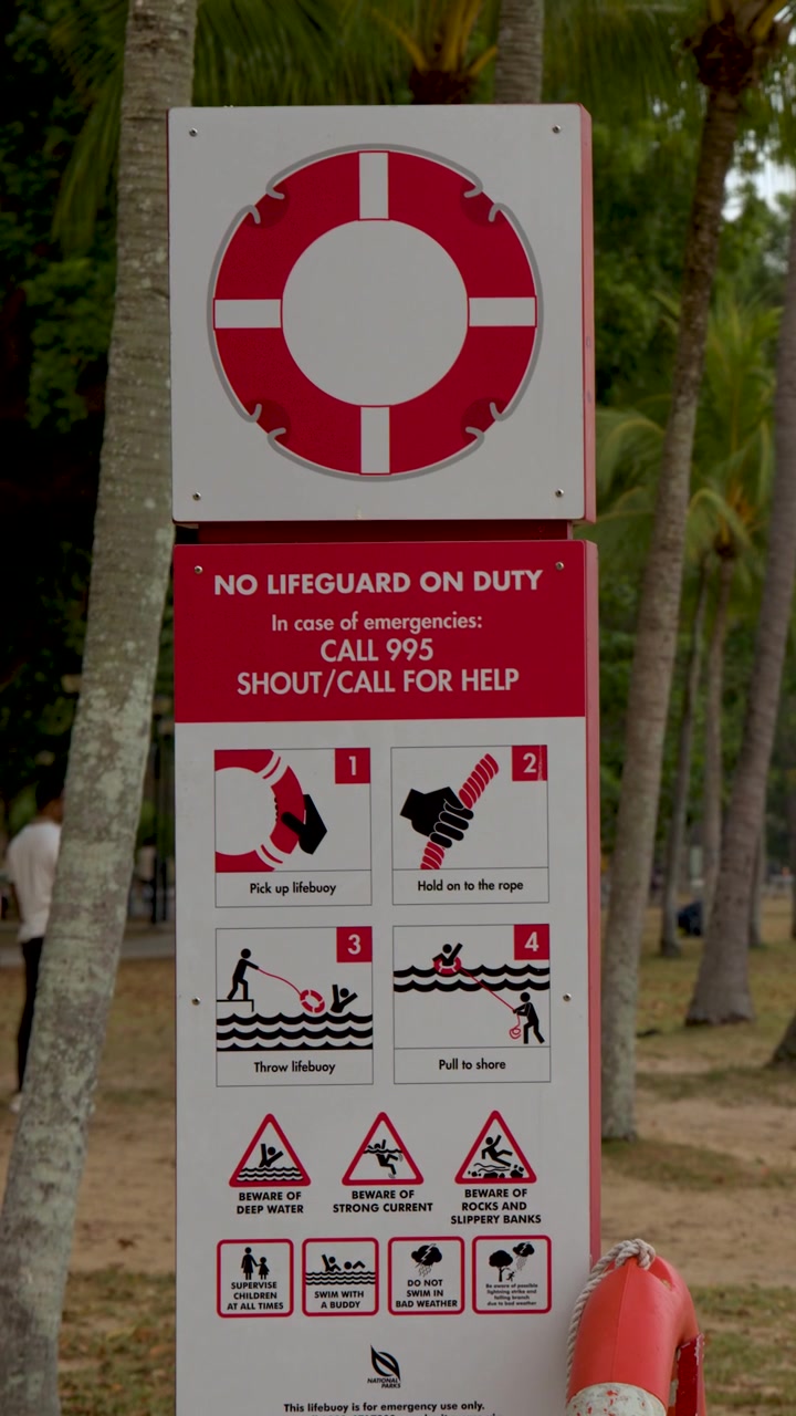 A static medium shot of a red beach safety sign with palm trees behind