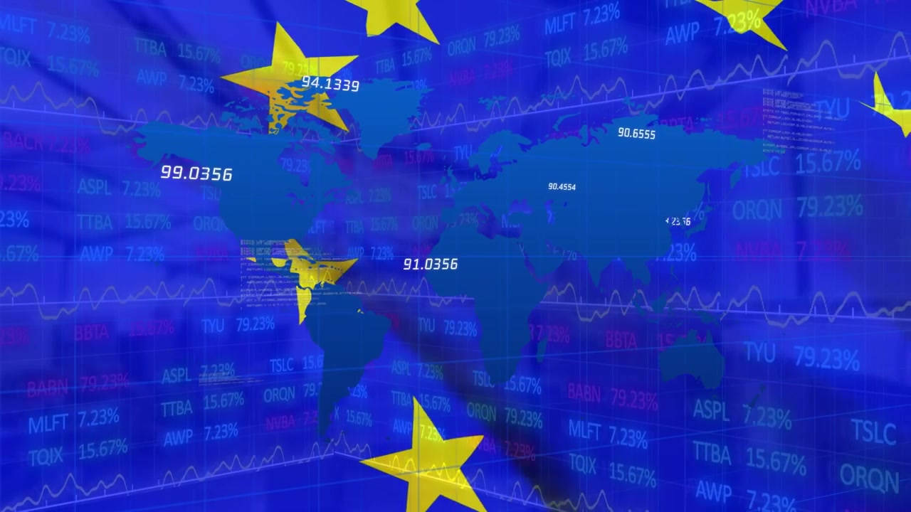 Animazione di elaborazione di dati e mappa del mondo su bandiera dell'UE