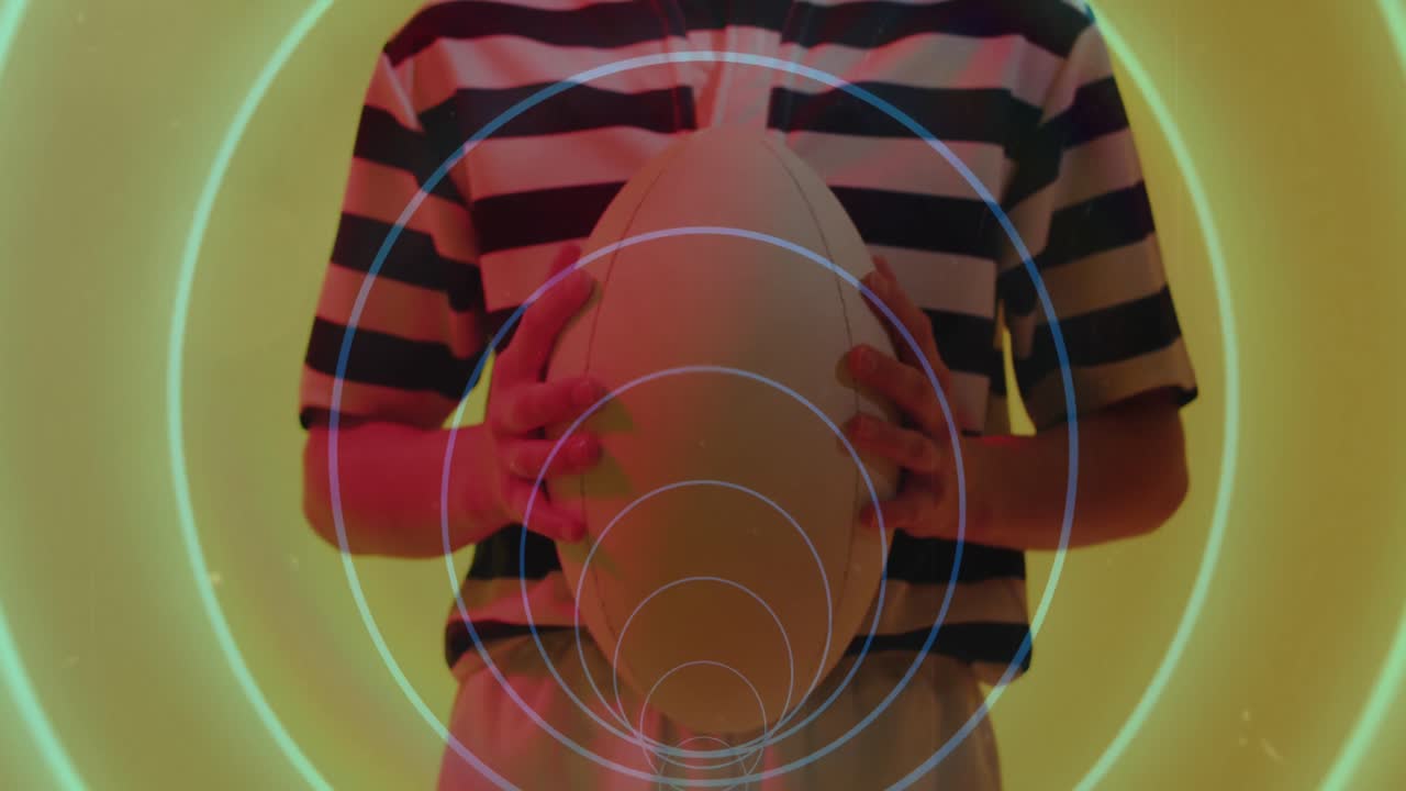 animación de círculos de neón sobre una jugadora de rugby en un fondo de neón